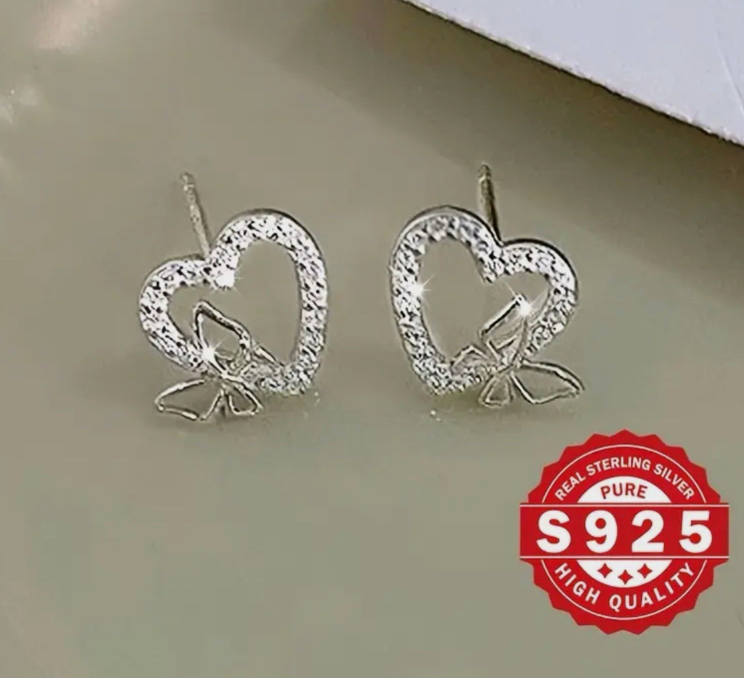 PURE 925 Sterling Silver Cubic Zirconia Heart Butterfly Stud Post Earrings + Bag