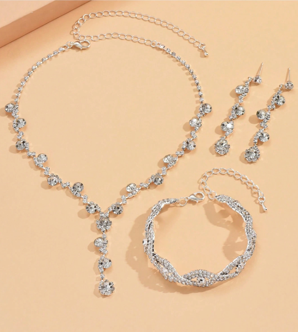 Water Droplet Necklace Earring and Bracelet White on silver Jewelry Set