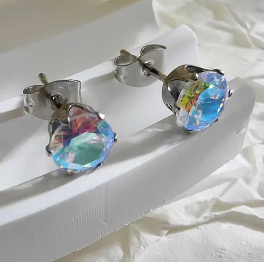 7 mm Iridescent Cubic Zirconia Stud Post Stainless Steel Earrings
