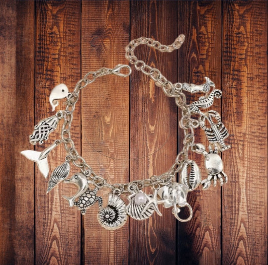 Sea Creature Ocean Themed Charm Bracelet Tibetan Silver