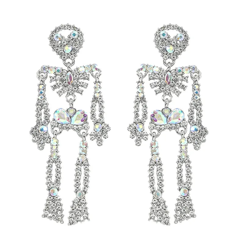 Halloween Skeleton Iridescent White Crystal Rhinestones Earrings