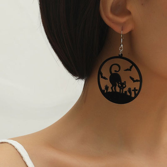 Halloween Black Cat Bat Hoop Earrings