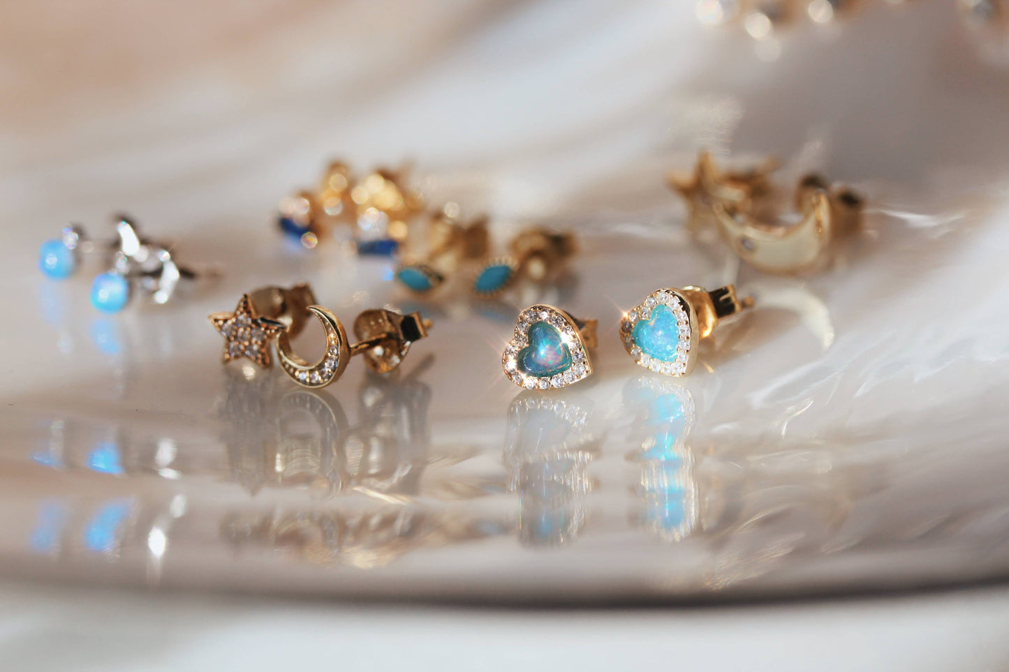 Blue Opal Heart Earrings: Gold