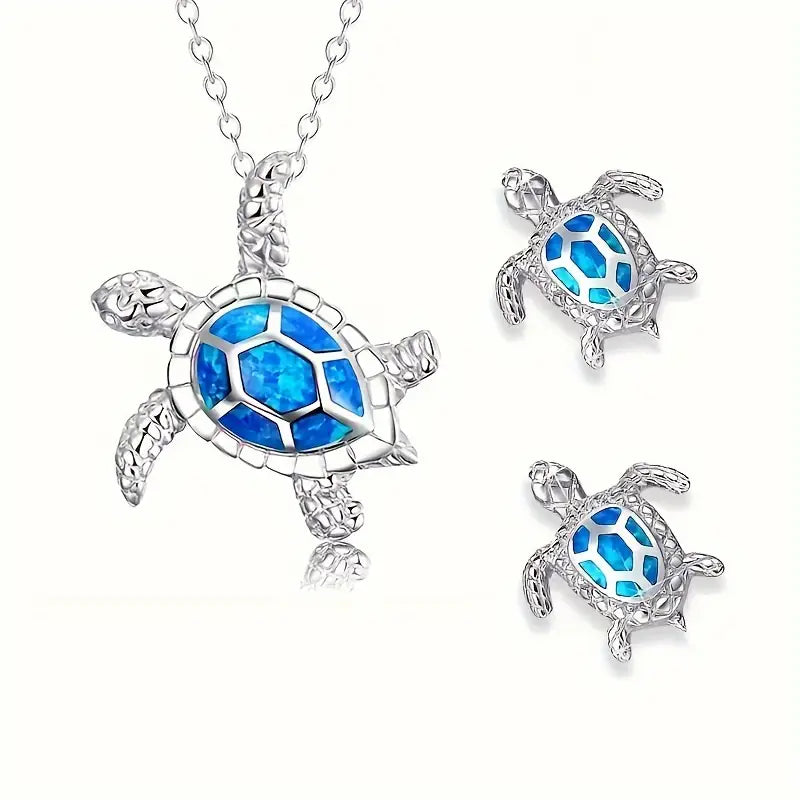 Blue Ocean Tide Turtle Necklace and Earring Set