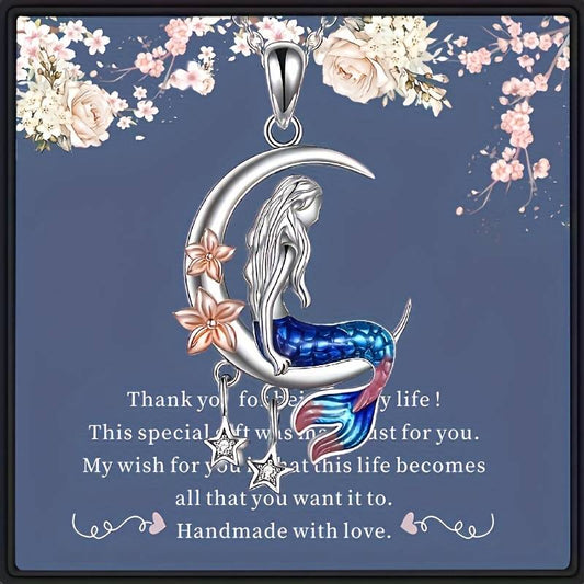 Ocean Song Mermaid Sitting on Crescent Moon above Stars Necklace