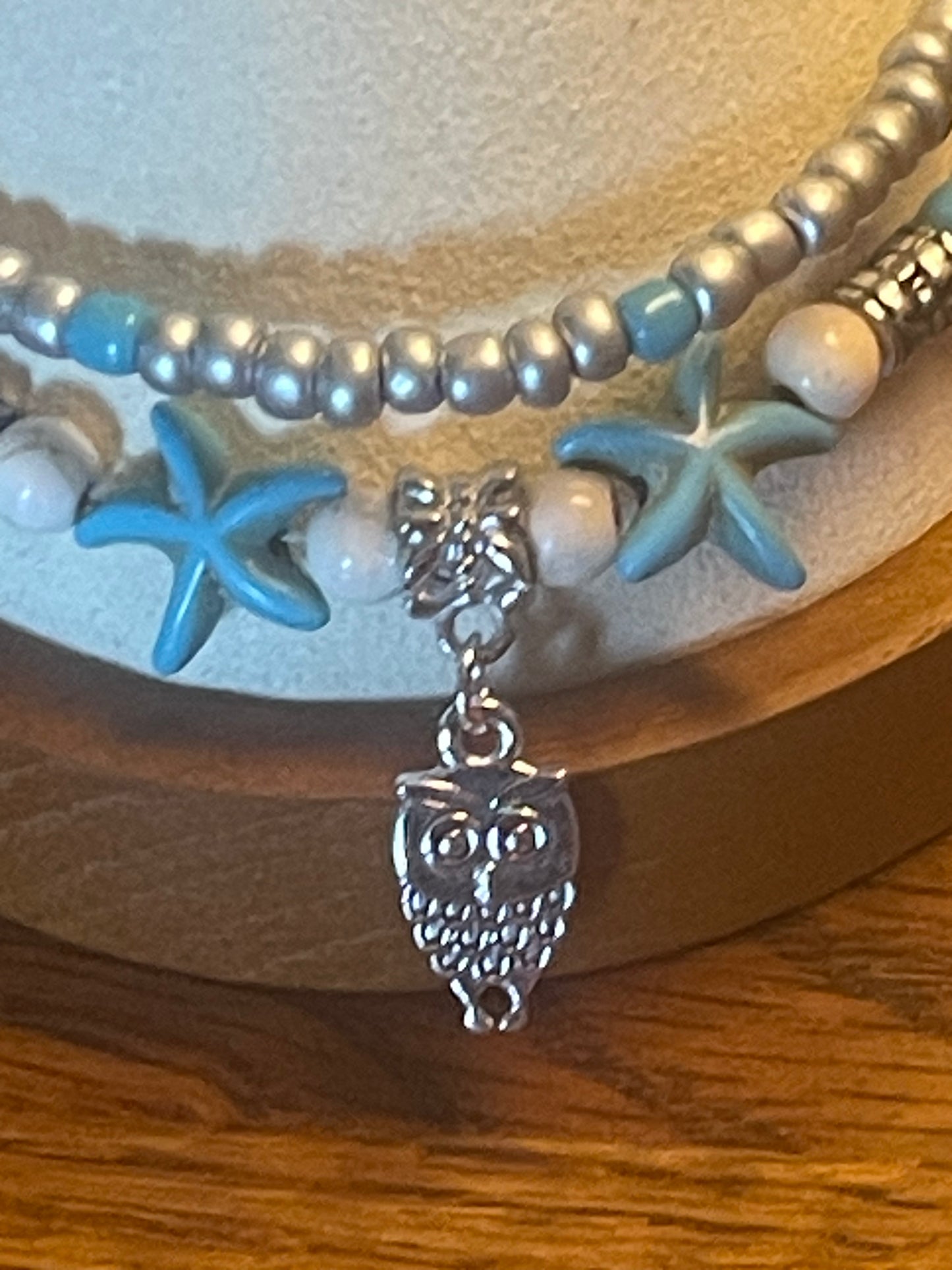 Owl Starfish Charm Beaded Ankle Bracelet