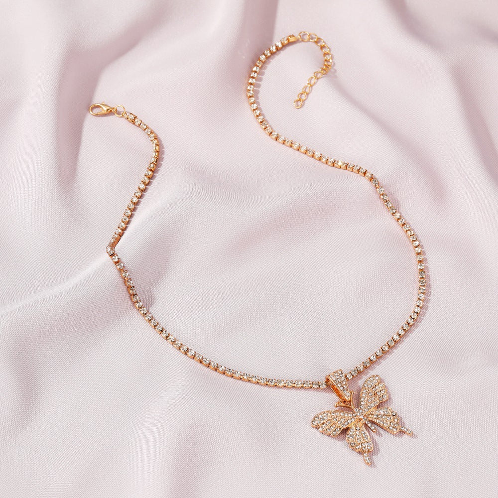 hot sale butterfly full diamond single layer claw chain simple and versatile rhinestone clavicle chain necklace