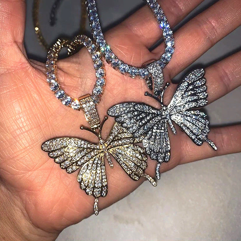 Fashion rhinestone butterfly pendant necklace hip hop jewelry choker