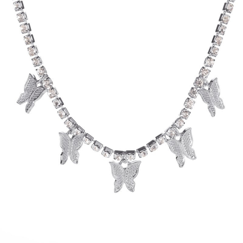 Fashion rhinestone butterfly pendant necklace hip hop jewelry choker