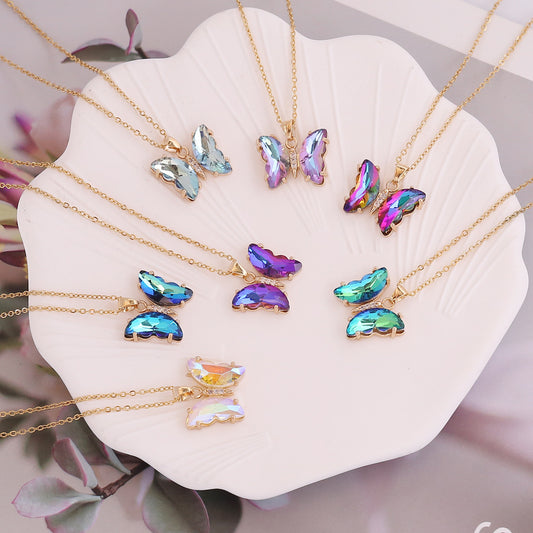 Multicolor Cubic Zirconia Butterfly Gold Necklace ( Mermaid Tracy favorite)