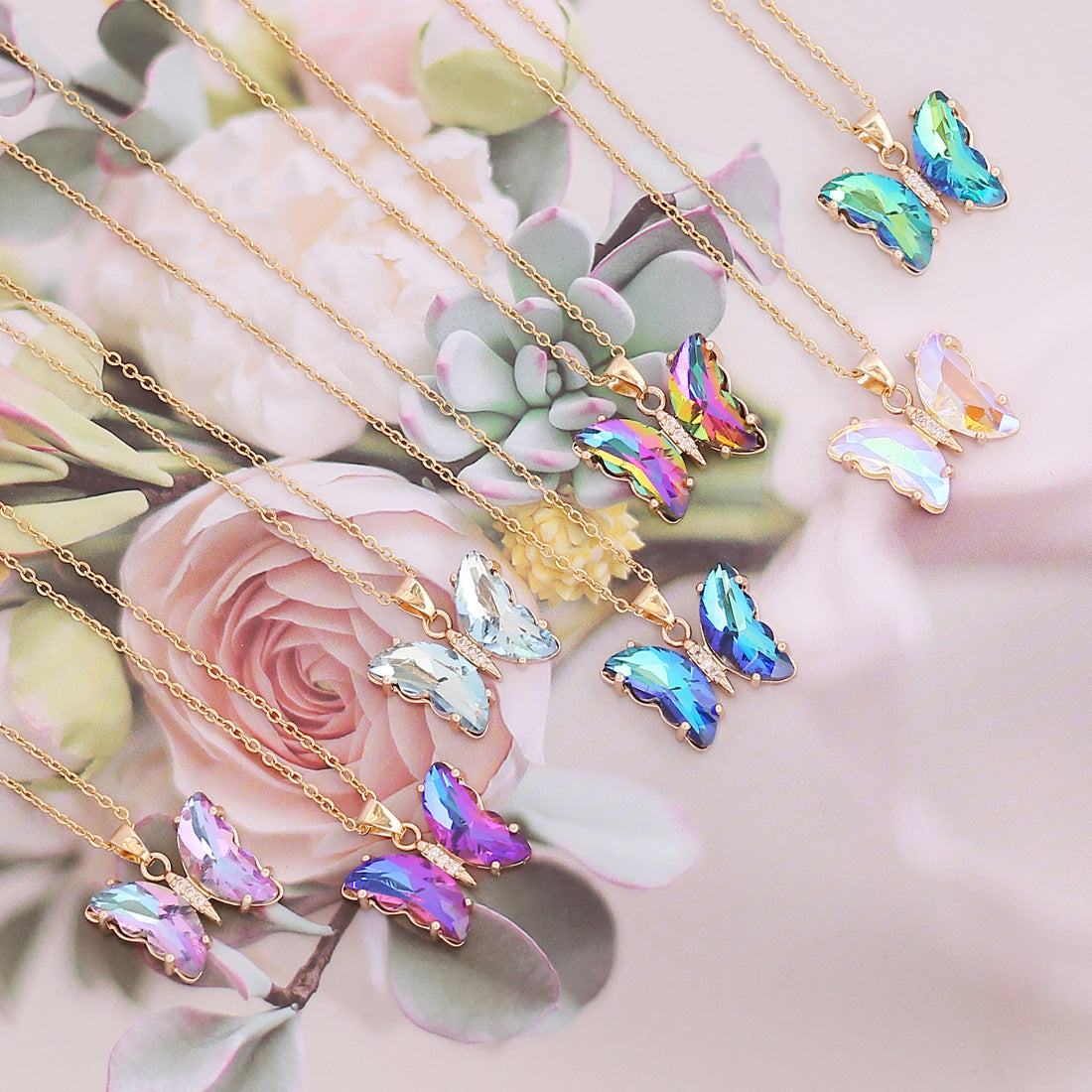 Multicolor Cubic Zirconia Butterfly Gold Necklace ( Mermaid Tracy favorite)