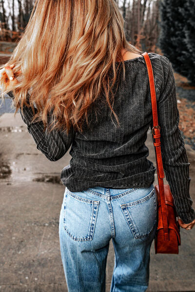 Ribbed Buttoned V Neck Long Sleeve Top