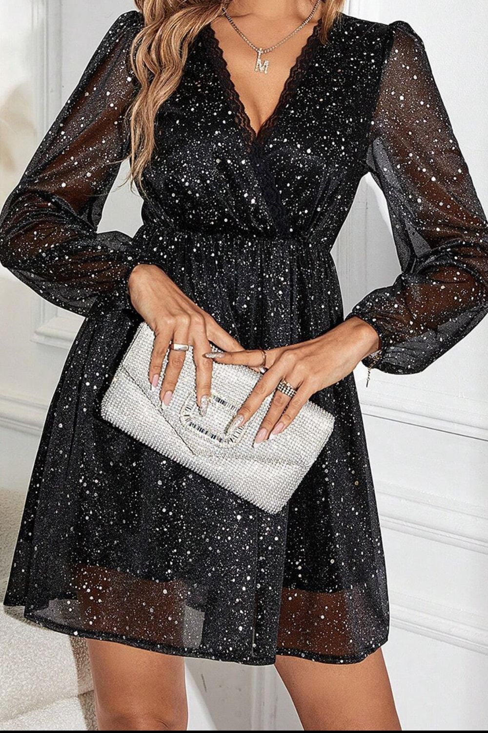 Glitter Surplice Long Sleeve Black Mini Dress