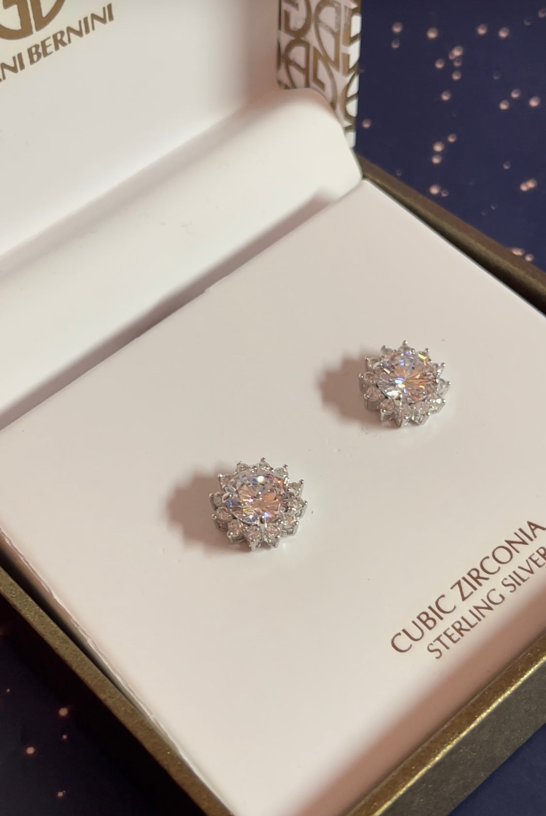 Giani Bernini Cubic Zirconia 925 Sterling Silver Starburst Stud Earrings ( Discounted: small defect ) Cannot see without magnified