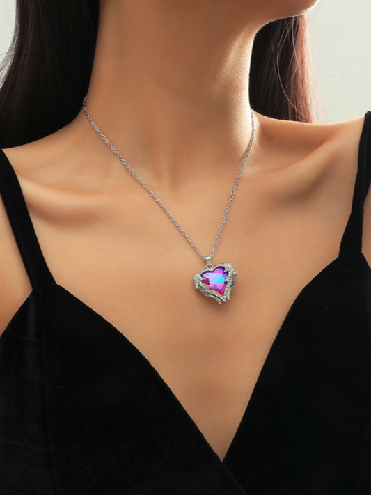 Very Classy Encased Rainbow Colorful Oil Spill Heart Necklace