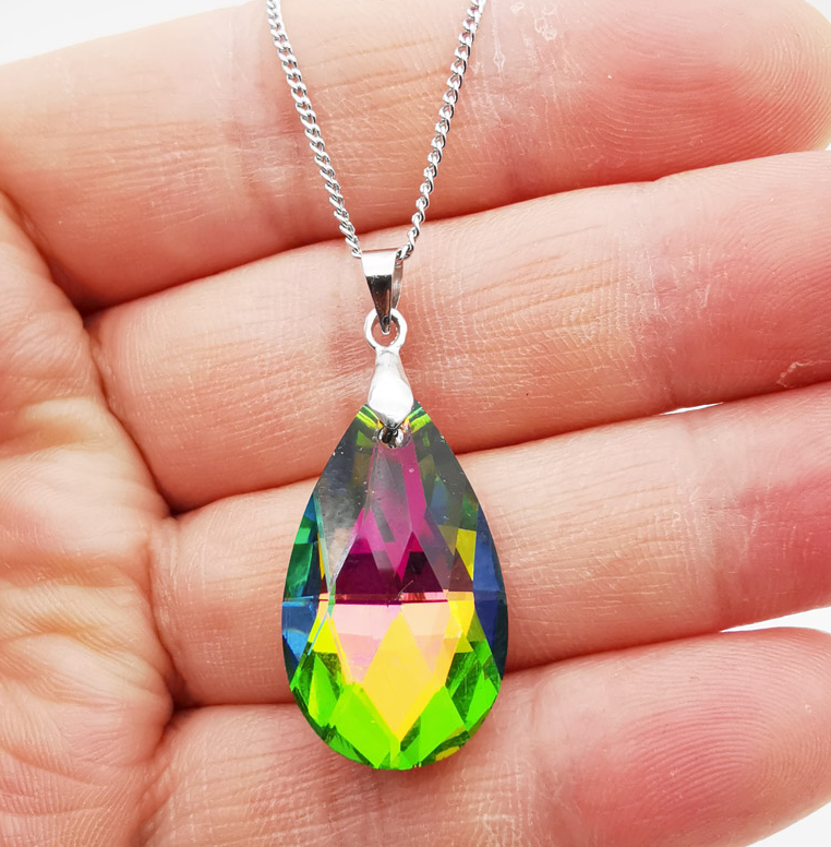 Oil Spill Colorful Multicolor Teardrop Crystal Pendant Necklace