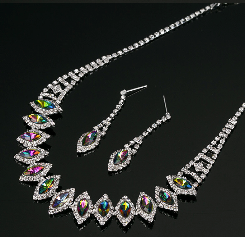 Oil Spill Colorful Austrian Crystal Chain Necklace & Earrings Set