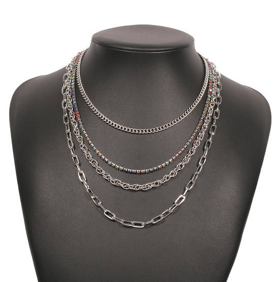 4- LAYER NECKLACE WITH MULTICOLOR ZIRC CRYSTAL LINK (PICK GOLD OR SILVER)