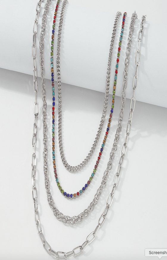 4- LAYER NECKLACE WITH MULTICOLOR ZIRC CRYSTAL LINK (PICK GOLD OR SILVER)