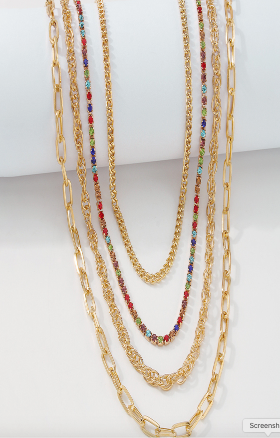 4- LAYER NECKLACE WITH MULTICOLOR ZIRC CRYSTAL LINK (PICK GOLD OR SILVER)