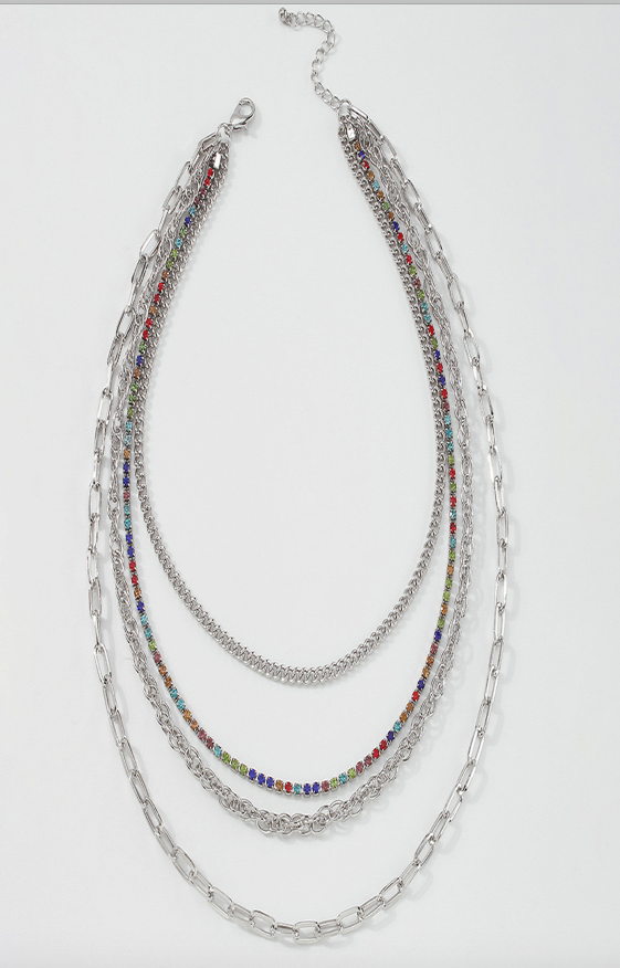 4- LAYER NECKLACE WITH MULTICOLOR ZIRC CRYSTAL LINK (PICK GOLD OR SILVER)