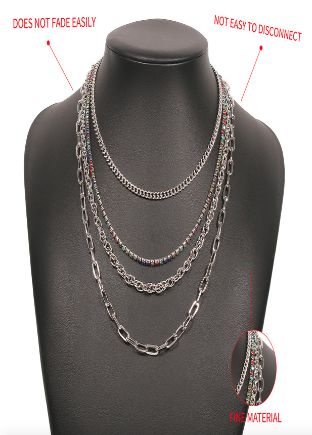 4- LAYER NECKLACE WITH MULTICOLOR ZIRC CRYSTAL LINK (PICK GOLD OR SILVER)