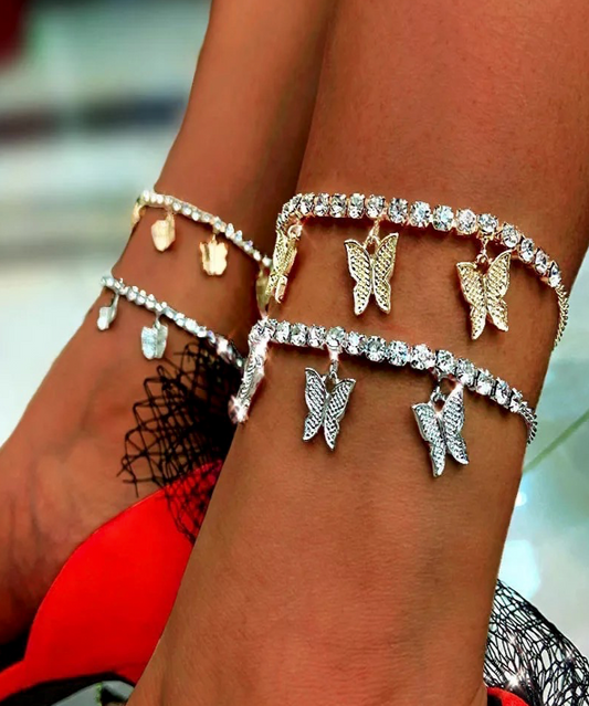 Fashion Jewelry - Butterfly Tassel Crystal Stone Anklet - Gold ( SALE )