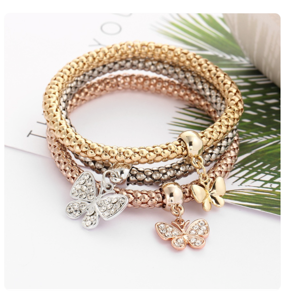 Butterfly Pendant Golden Beaded Bracelet Three color Stretch Set