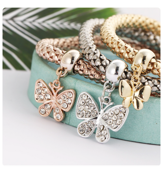Butterfly Pendant Golden Beaded Bracelet Three color Stretch Set