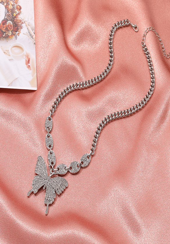 Retro Social Butterfly Bling Crystal Necklace (Silver)