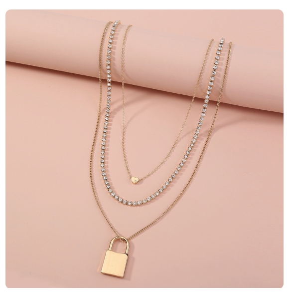 Multi Layered Lock Cubic Zirconia Heart Necklace  - GOLD