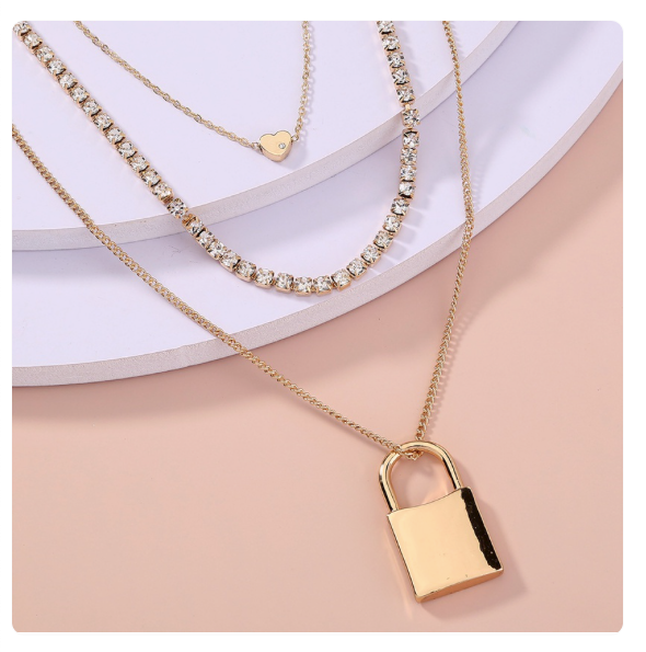 Multi Layered Lock Cubic Zirconia Heart Necklace - GOLD