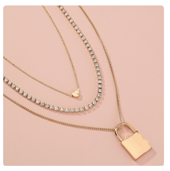 Multi Layered Lock Cubic Zirconia Heart Necklace - GOLD