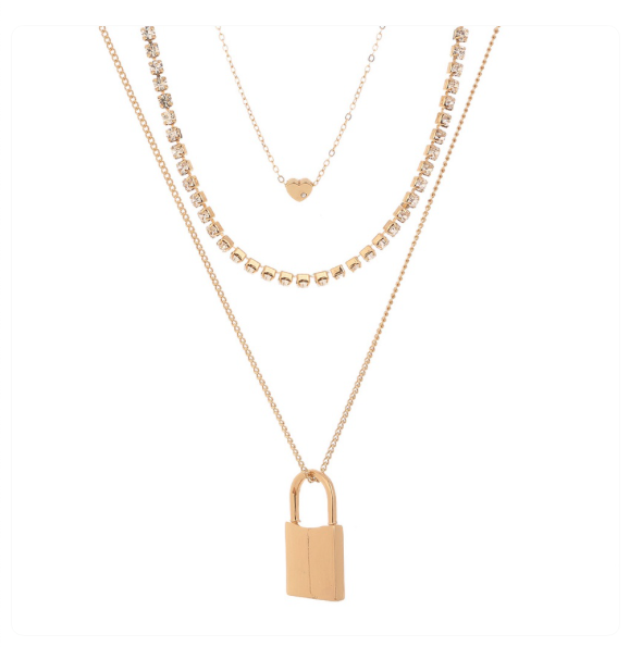 Multi Layered Lock Cubic Zirconia Heart Necklace - GOLD