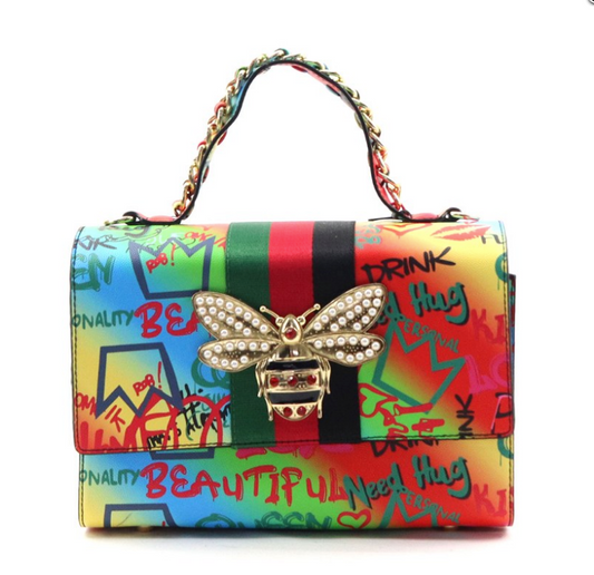 Fashion Luxury  Bumble bee Graffiti Rainbow Handbag and Wallet Set