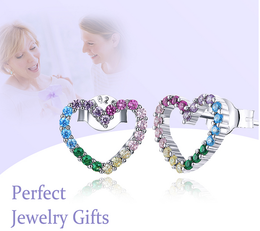 925 Sterling Silver Cubic Zirconia Rainbow Heart Stud  Earrings    ( Ladies, Teens and Girls)     ((  PREORDER  ))