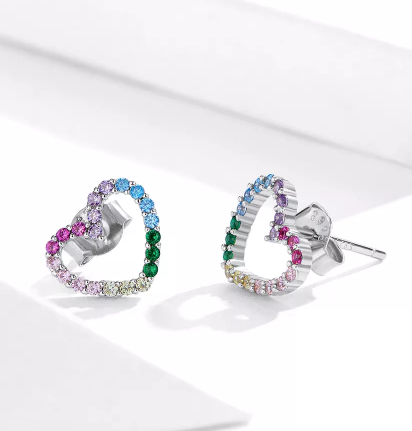 925 Sterling Silver Cubic Zirconia Rainbow Heart Stud Earrings ( Ladies, Teens and Girls) (( PREORDER ))