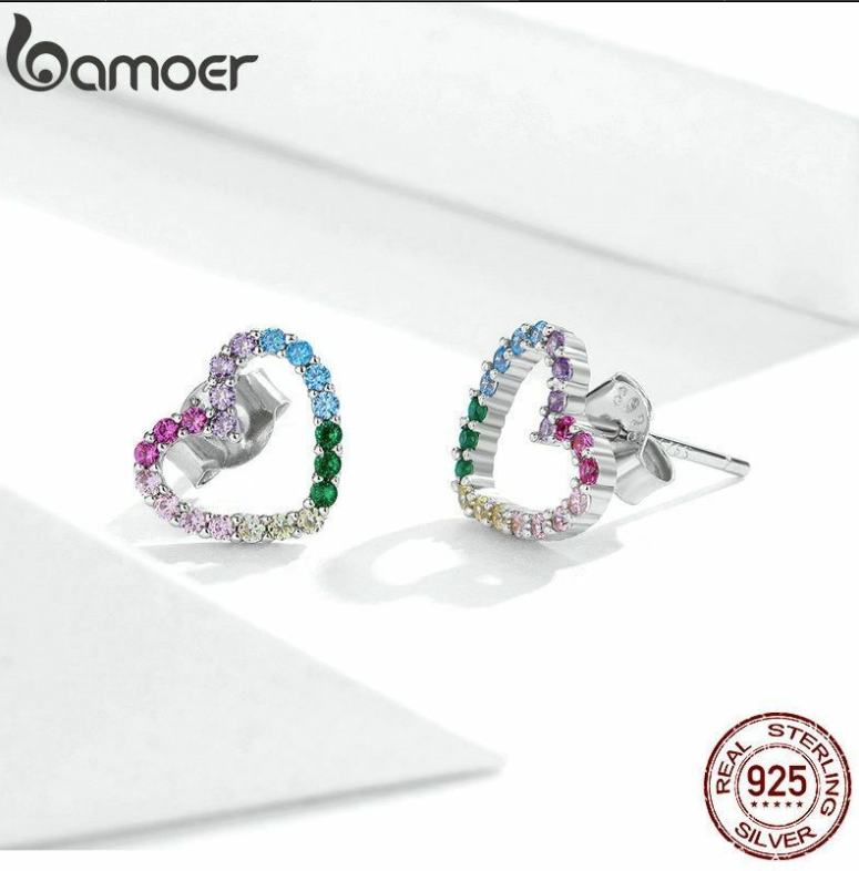 925 Sterling Silver Cubic Zirconia Rainbow Heart Stud Earrings ( Ladies, Teens and Girls) (( PREORDER ))