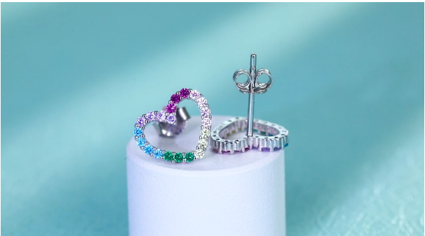 925 Sterling Silver Cubic Zirconia Rainbow Heart Stud Earrings ( Ladies, Teens and Girls) (( PREORDER ))