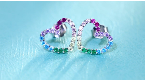 925 Sterling Silver Cubic Zirconia Rainbow Heart Stud Earrings ( Ladies, Teens and Girls) (( PREORDER ))