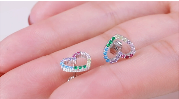 925 Sterling Silver Cubic Zirconia Rainbow Heart Stud Earrings ( Ladies, Teens and Girls) (( PREORDER ))