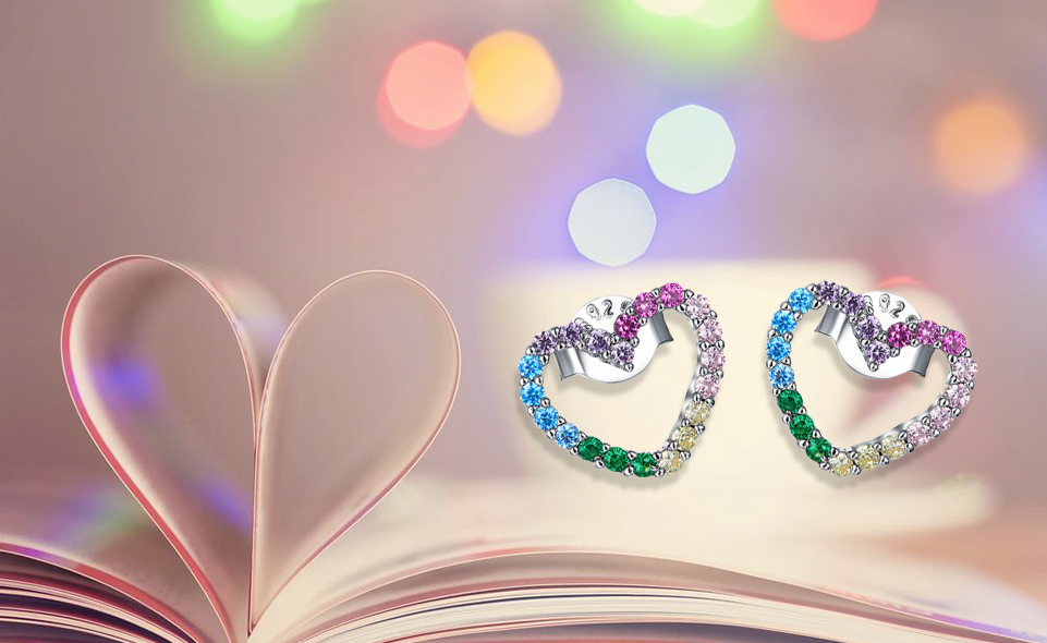 925 Sterling Silver Cubic Zirconia Rainbow Heart Stud Earrings ( Ladies, Teens and Girls) (( PREORDER ))