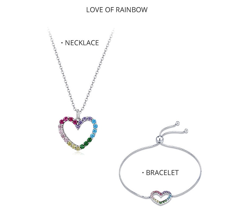 Sterling Silver Cubic Zirconia Rainbow Heart Necklace Earrings Bracelet Set ( Ladies Teens ) (( PREORDER ))