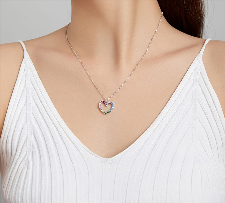 Sterling Silver Cubic Zirconia Rainbow Heart Necklace Earrings Bracelet Set ( Ladies Teens ) (( PREORDER ))