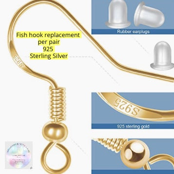 925 Sterling Silver Fish hook replacement service ( One Pair ) Choose Color Style