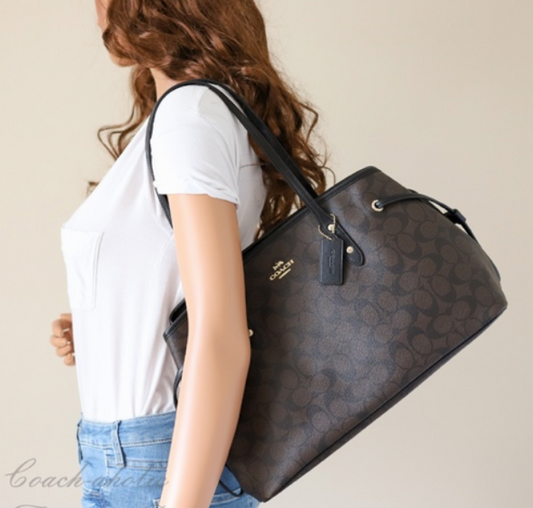 Coach F57842 Drawstring Signature Brown Black CarryAll Handbag 🔥 Authentic 🔥