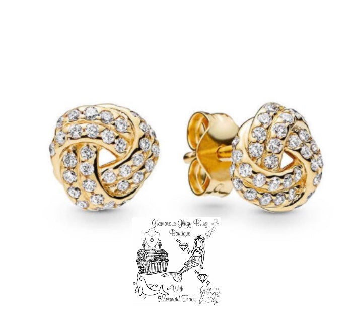 Gold 925 Sterling Silver Love Knot Cubic Zirconia CZ Stud Earrings
