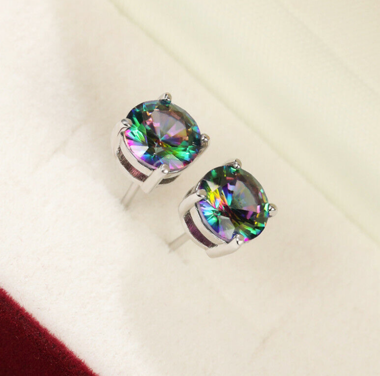 925 Sterling Silver Round Cut Mystic Topaz 6mm Earrings 🔥 🦄 FAN FAV 🦄 🔥