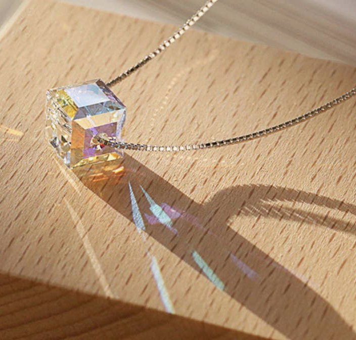 Rainbow Iridescent Sugar Cube Square Swarovski Crystal Necklace in 925 Sterling Silver