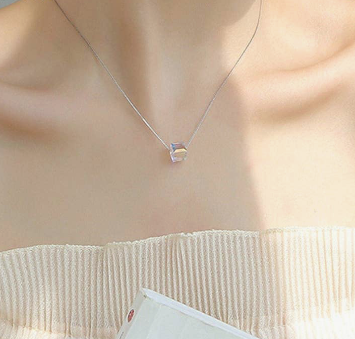 Rainbow Iridescent Sugar Cube Square Swarovski Crystal Necklace in 925 Sterling Silver